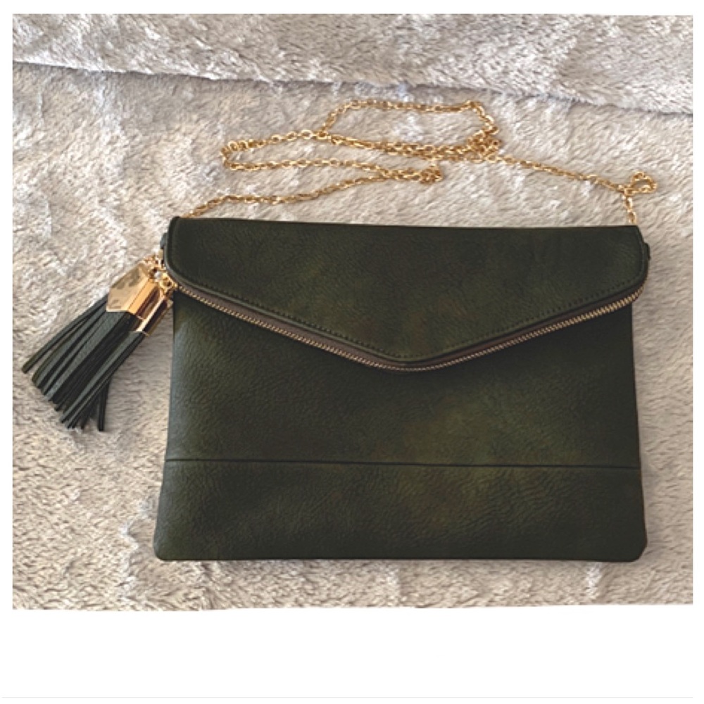 Urban Expressions Vegan Purse Foldover Clutch Green Gold Shoulder Strap Chain